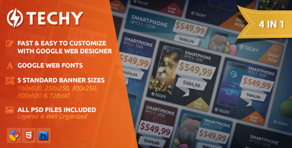 Techy – Modelo de banner HTML5 de vendas de férias