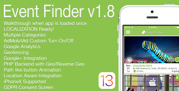 Aplicativo iOS completo do localizador de eventos v1.8