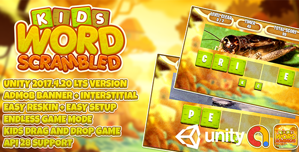 Kids Word Scrambled (arrastar e soltar) + unity3d lts + ads anúncios prontos + resmkin fácil
