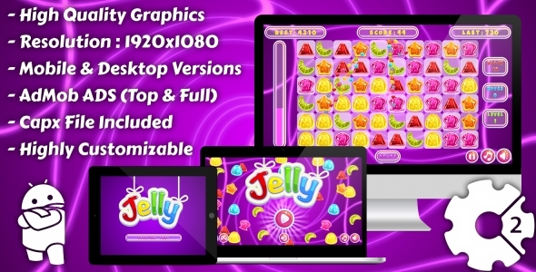 Jelly Match -3 – jogo HTML5, versão móvel+AdMob !!! (Construção 3 | Construto 2 | Capx)