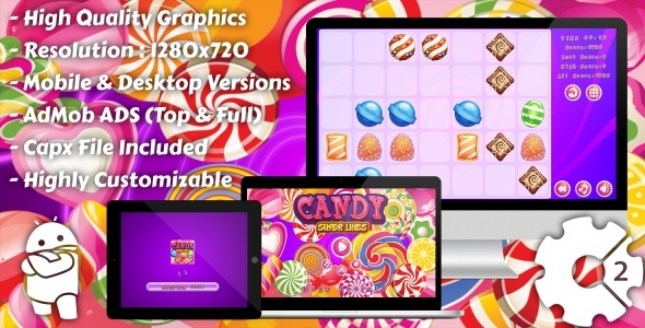 Candy Super Lines Match3 – jogo HTML5, versão móvel+Admob !!! (Construção 2 | Capx)