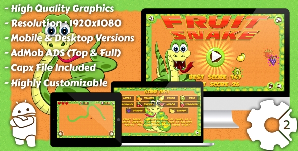 Snake de frutas – jogo html5, versão móvel+admob !!! (Construção 3 | Construto 2 | Capx)