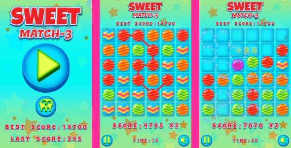 Sweet Match3 – jogo html5 + Android + AdMob (construto 3 | Construa 2 | Capx)