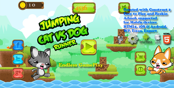 Jumping Cat & Dog Runner – HTML5 Game, Mobile Vesion+Admob !!! (Construct-2 Capx)