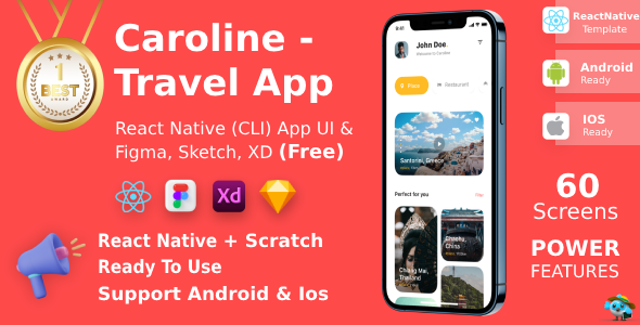 App de viagem | CLI reatnativa | Figma + xd + esboço grátis | Atualização do tempo da vida | Caroline