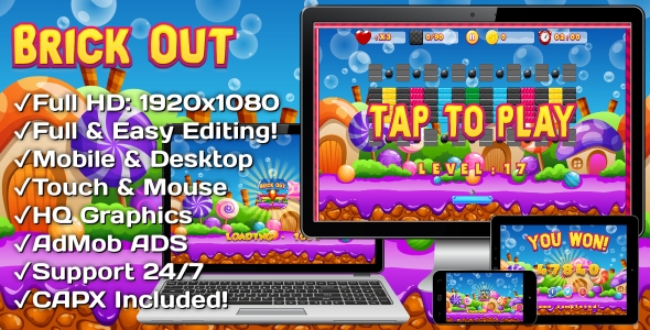 Brick Out – jogo html5, versão móvel+admob !!! (Construção 3 | Construto 2 | Capx)