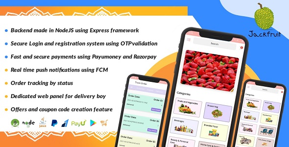 Jaca – mercearia, frutas e entrega de vegetais, aplicativo de comércio eletrônico Android com a tecnologia JS Node JS
