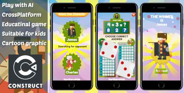 Construção de matemática e dados 3 Game educacional para crianças de desenho animado HTML5