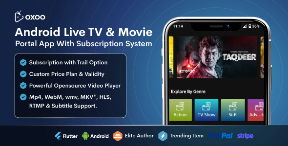 Oxoo – Flutter Live TV & Movie Portal App para iOS e Android