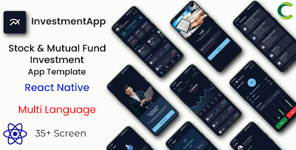 Modelo de aplicativo de investimento em ações e fundos mútuos em React Native | Multi idioma
