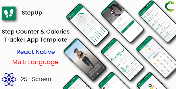Modelo de aplicativo de rastreador de contador e calorias no React Native | Stepup | Multi idioma