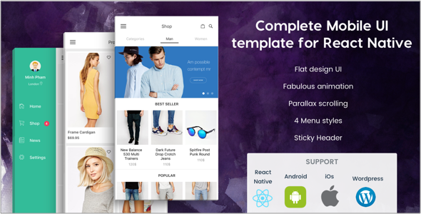 BEOSTORE – Modelo completo da interface do usuário móvel para reação nativa