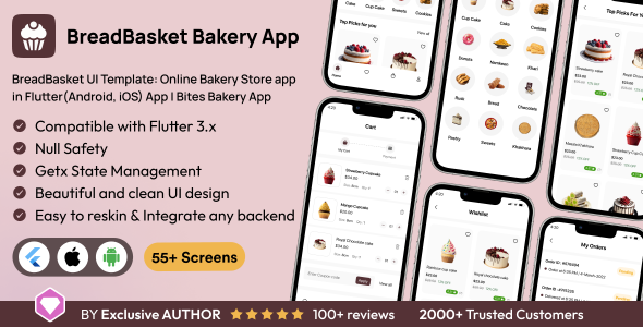 Modelo da interface do usuário do Breadbasket: aplicativo on -line da loja de padaria no aplicativo Flutter (Android, iOS) | Aplicativo de padaria de mordidas
