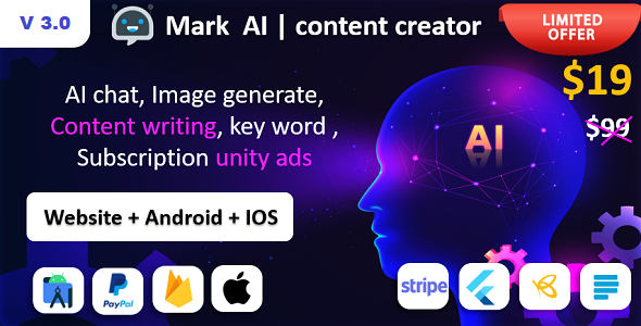 Mark AI – App de redação de conteúdo AI | Imagem ai | Gerador de palavras -chave | Android iOS e gateway de pagamento da web