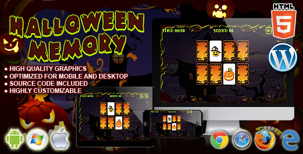 Memória de Halloween – jogo de quebra -cabeça HTML5