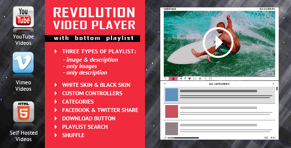 Revolution Video Player com Lista de reprodução Bottom – YouTube/Vimeo/Suporte auto -hospedado
