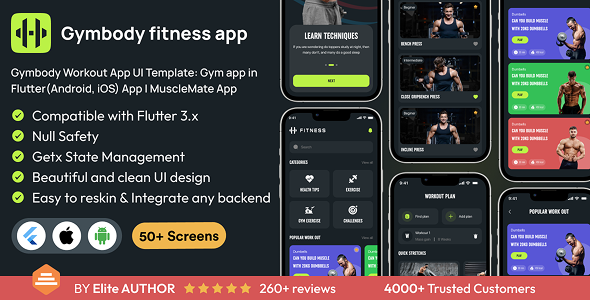 Modelo de interface do usuário do aplicativo de exercícios de ginástica: aplicativo de ginástica no aplicativo Flutter (Android, iOS) | App Musclemate