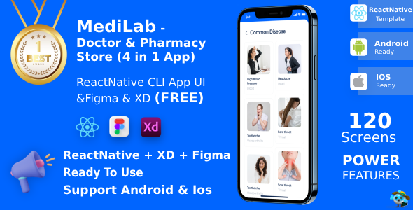 App médico e farmácia | CLI reatnativa | Figma + xD livre | Atualização do tempo da vida | Medilab