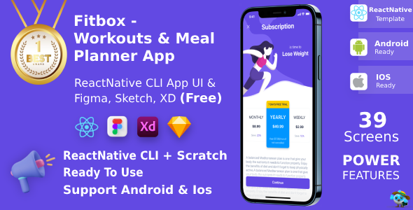 App Workouts & Meal Planner | CLI reatnativa | Figma + xd + esboço grátis | Atualização do tempo da vida | FitBox