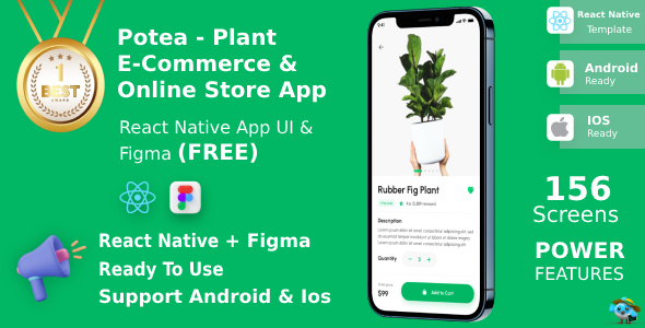 App de comércio eletrônico e on-line da planta | Kit de interface do usuário | Reacta a exposição nativa | Figma | Atualização do tempo da vida | Potea
