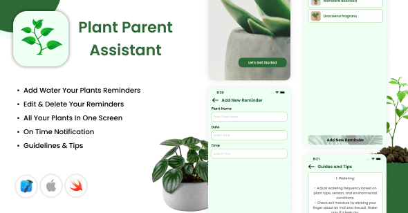 Plant Parent Assistant – IOS App – Lembrete de água para plantas – Orientação de cuidados de plantas – Dicas