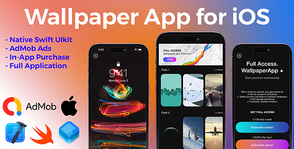 Aplicativo de papel de parede de iOS completo-baseado em swift, admissão e compra no aplicativo, código-fonte integrado e integrado