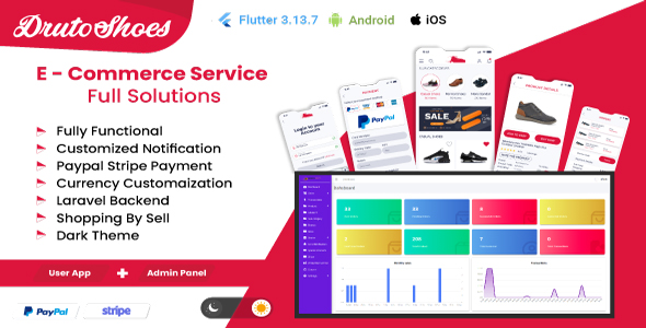 Sapatos multifuncionais DRuto, comércio eletrônico de tecido completo Android e iOS com painel de administração do Laravel