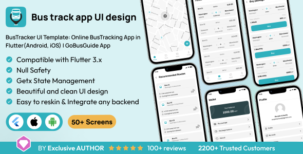 Modelo de interface do usuário do BUSTRACKER: aplicativo on -line do BUSTRACKING em Flutter (Android, iOS) | Gobusguide App