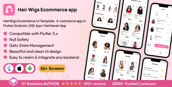 Hairwigs Modelo da interface do usuário do comércio eletrônico: aplicativo de comércio eletrônico no aplicativo Flutter (Android, iOS) | App Hairhaven