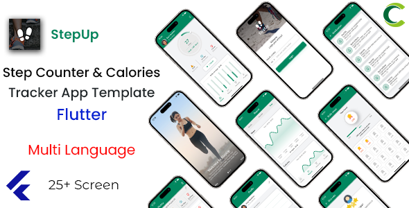 Modelo de aplicativo de rastreador de contador de etapas e calorias em Flutter | Stepup | Multi idioma