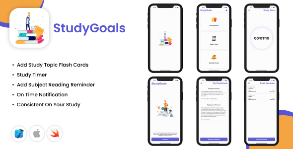StudyGoals – App iOS – Lembre -se de leitura – Timer de estudo – Cartões de flash de estudo