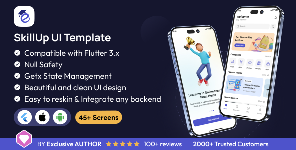 Modelo de interface do usuário do SkillUp: App App Cursos de Educação em Flutter 3.x (Android, iOS) Modelo de App UI